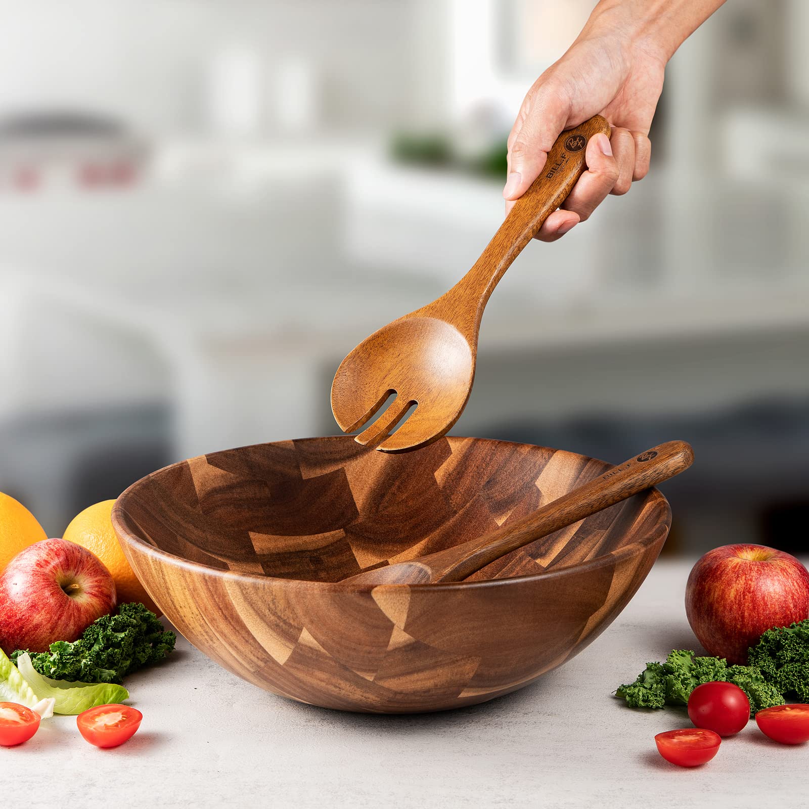 Bill.F Salatschüssel aus Holz, Salatschüssel-Set aus Akazienholz, Große Salat-Rührschüssel mit Servern, 3-teiliges Großes Salatschüssel-Set D30*10cm 5