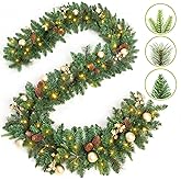 9 FT Prelit Christmas Garland Battery Operated with 50 Warm Lights, Xmas Garland Greenery Outdoor with Pine Cones and Timer, Front Door Mantle Garland Christmas Holiday Decoration Indoor