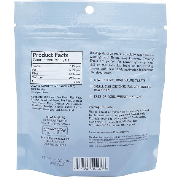 NATURAL DOG COMPANY TRAINING TREATS, PEANUT BUTTER AND JELLY, TINY SIZE, ALLERGEN-FREE INGREDIENTS, 8 OZ BAG
