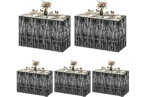 Ohiyoo 5 Pack Black Foil Fringe Table Skirt 29x108 Inch Metallic Foil Fringe Table Skirts Tinsel Streamer Curtains Backdrop Parade Floats Birthday Halloween Christmas Party Decoration (Black)