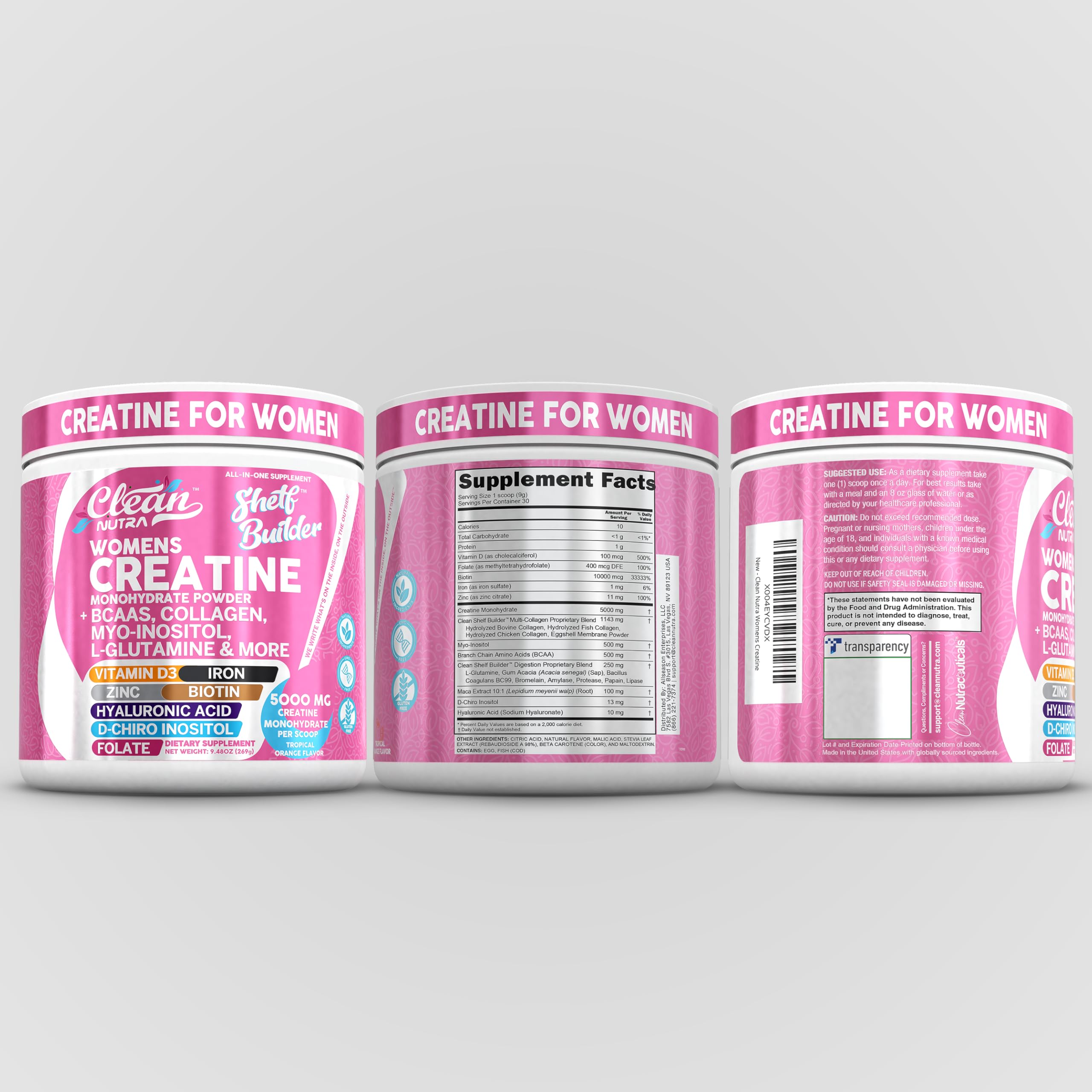 Creatine for Women | Creatine Monohydrate + BCAA Powder Myo-Inositol Collagen Biotin Hyaluronic Acid Folate L Glutamine Vitamin D3 Iron Zinc D-Chiro-Maca Digestion Shelf Builder by Clean Nutra
