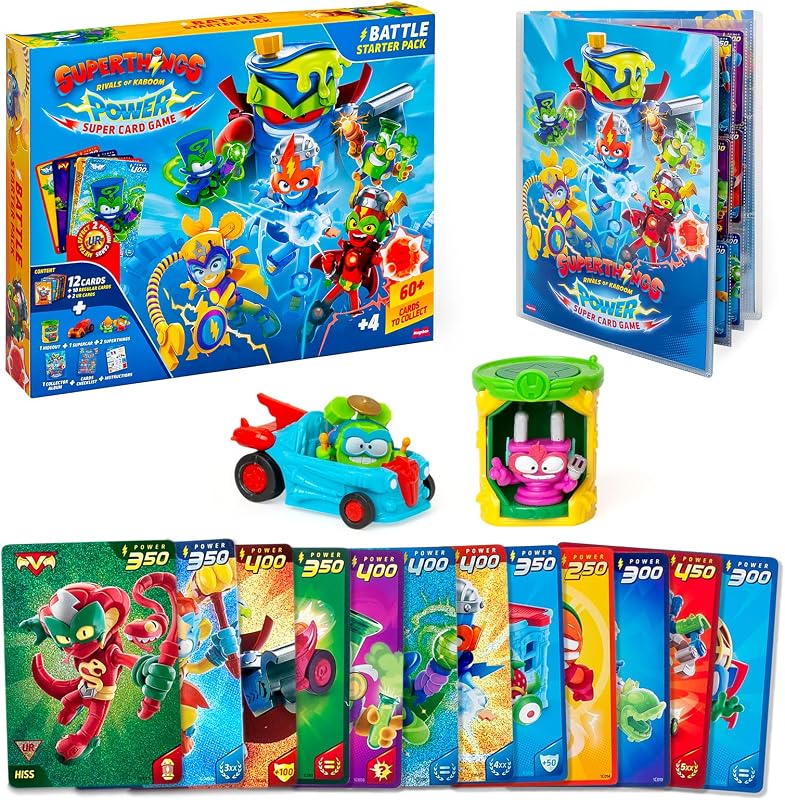 Jogo de Cartas Super Poder SUPERTHINGS – Pack Inicial de Batalha. Caixa com bonecos de ação, acessórios, cartas surpresa de álbuns e colecionáveis. Contém Hidead, Supercar, 2 figuras, livro de coleção e 12 cartas