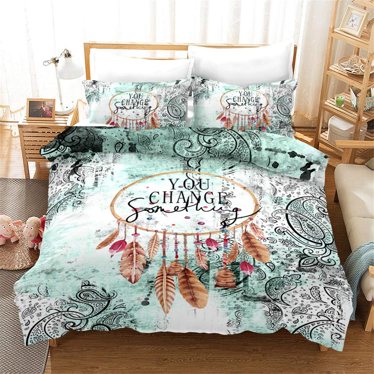 Odot Duvet Cover Set 3 Pieces 3D Dreamcatcher, Bedding Set Single Double Super King Boys Girls Soft Microfiber Printed Zipper Anti-Allergic Quilt Cover Pillow Cases (220x240cm,Turquoise)