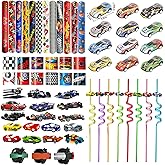 108PCS Race Car Party Favors - Themed Birthday Goodie Bags with Party Straws, Bubble Slap Bracelets, DIY Car Stickers, Pencil Caps