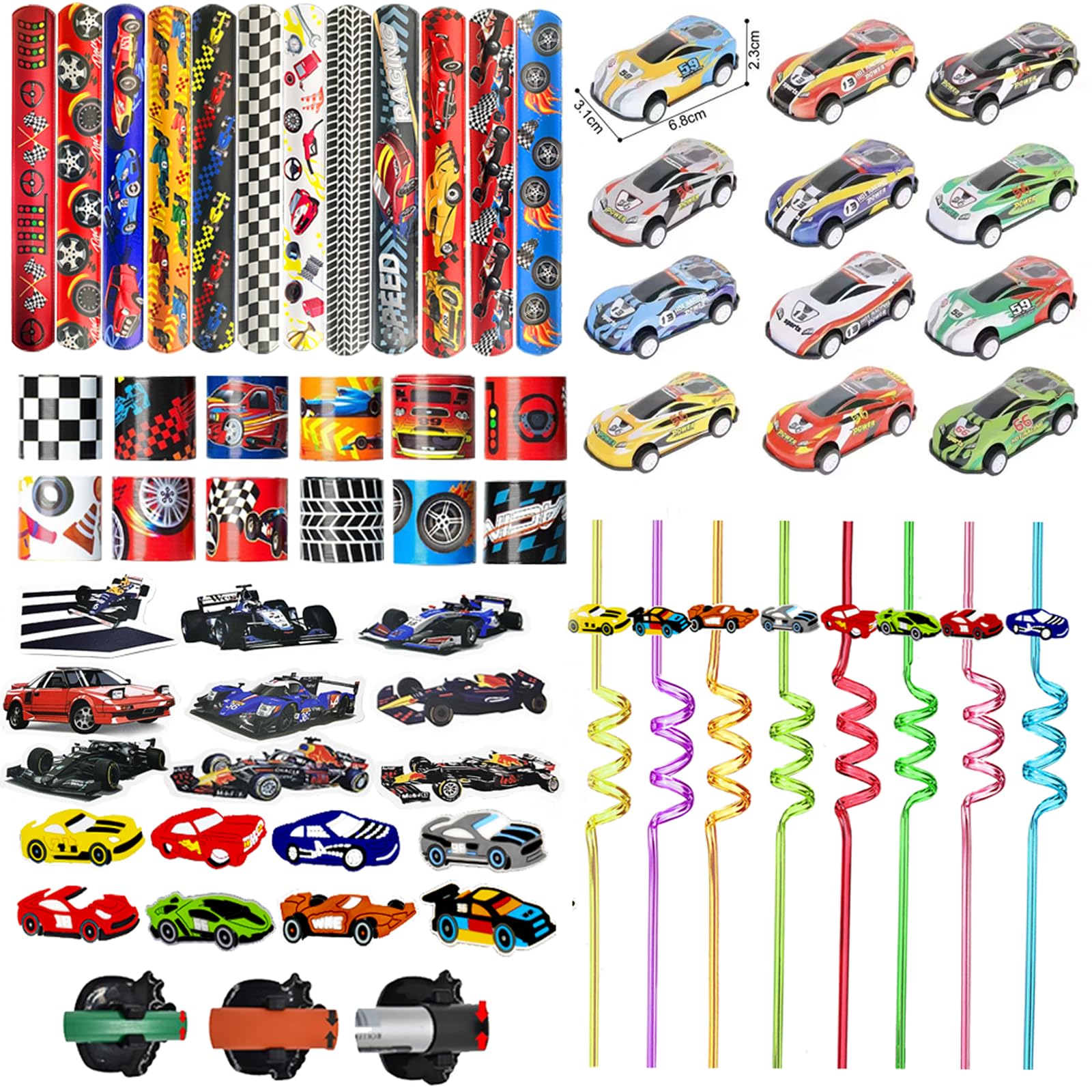 Photo 1 of 108PCS Race Car Party Favors - Themed Birthday Goodie Bags with Party Straws, Bubble Slap Bracelets, DIY Car Stickers, Pencil Caps