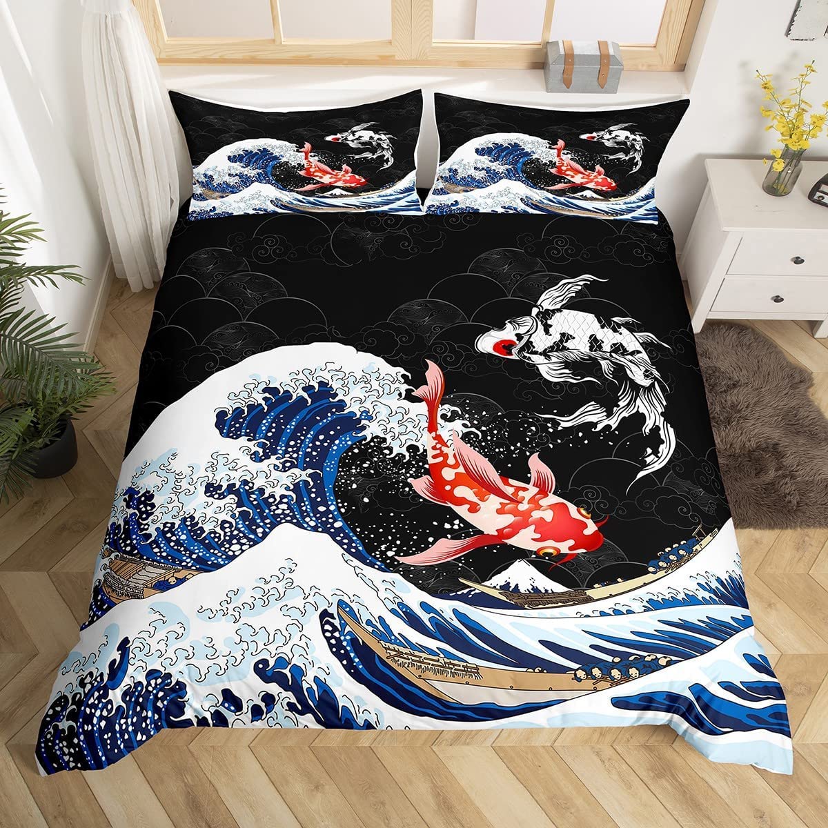 Loussiesd Japanese Ukiyoe Fish Duvet Cover Ocean Surfing Koi Toddler Bedding Set Kids Boys Japanese-Style Exotic Koi Animal Comforter Cover Exotic Style Bedspread Cover 3Pcs Double Size — image 1