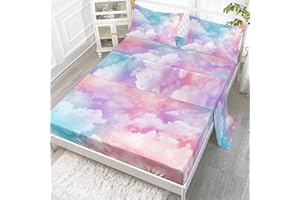 Datura home Sheet Set 4Pcs Fitted and Flat Girls Pink Blue Cloud Sky 3D Digital Printed with 1 + 2 Pillowcases for (Cloud Twin), Twin 67x97 inches