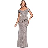 Xscape Womens Long Foil Knit Off The Shoulder Floor Length Ruffle Dress