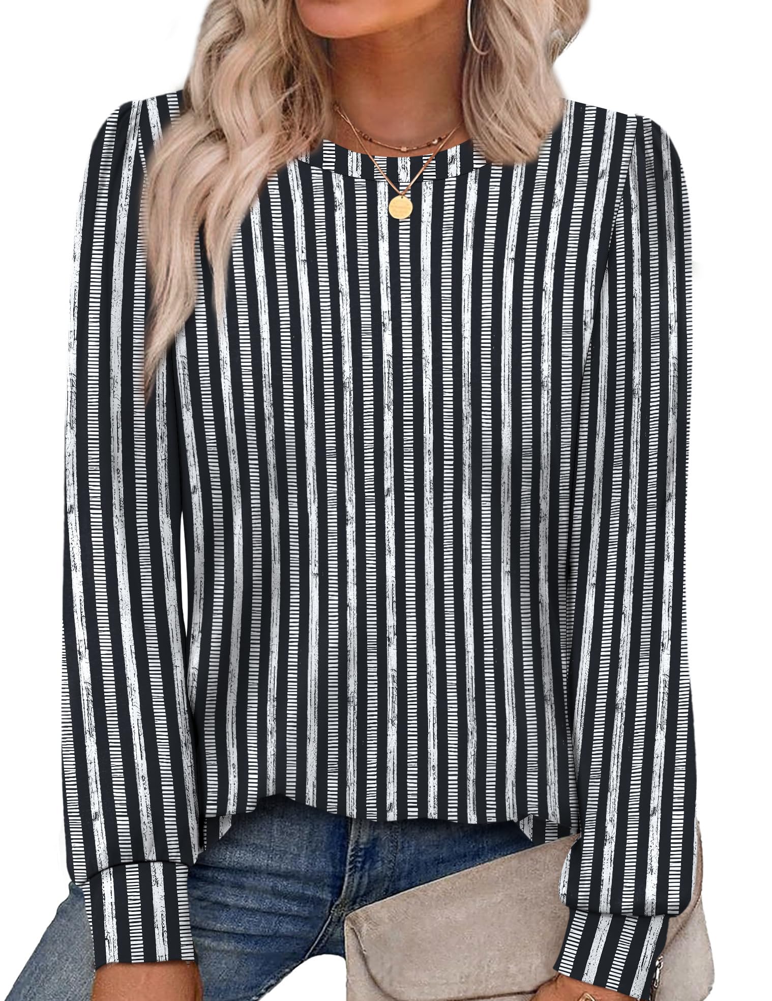 Photo 1 of Alaroo Vertical Striped Shirt Women Long Sleeve Tops Fall Fashion Basic Crewneck Sweatshirts Boho Clothes 2025 Print 6 - M