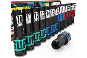 KIRXST 14-Piece 1/2" Drive Impact Socket Set, 10-24mm Thicker Deep Sockets with Heavy Duty Storage Case and 1/2 to 1/4 Impact