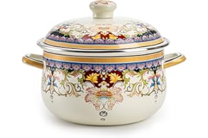 ZENFUN Kitchen Enamel Stockpot with Lid, 3.5 Quart Retro Flower Stew Bean Cooking Pot, Vintage Thicken Soup Pot with Handles,