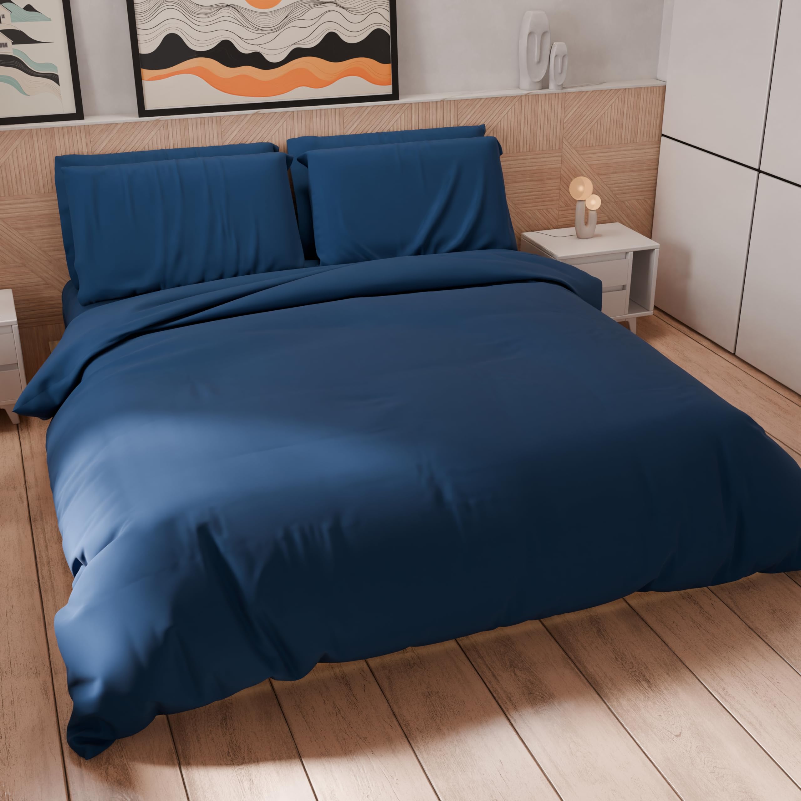 PETTI Artigiani Italiani - Double Duvet Cover, Duvet Cover and Pillowcases in Microfiber, Solid Color Night Blue, 100% Made in Italy
