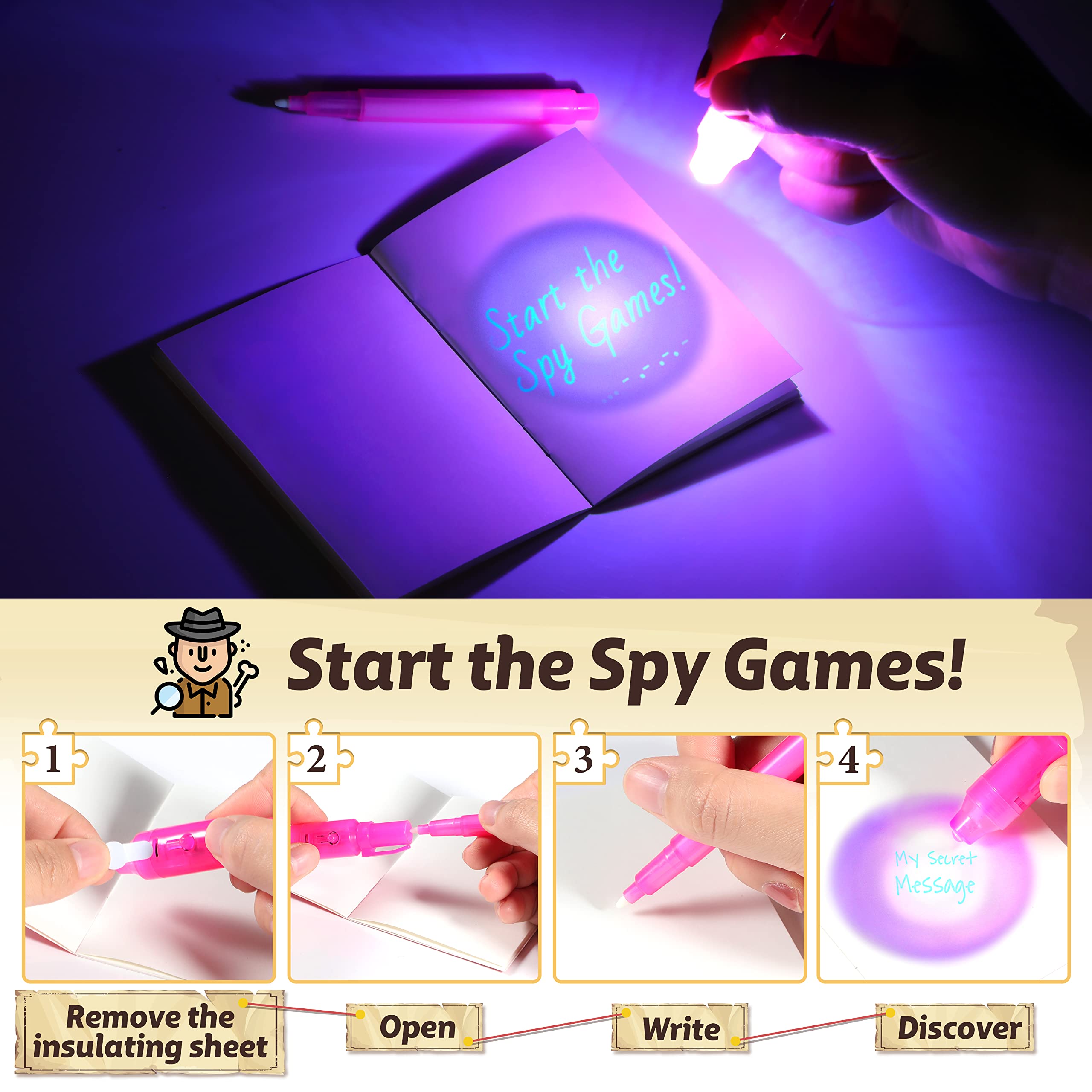 GIFTINBOX Invisible Ink Pens with UV light for Kids, Spy Pen Party Favors for Kids 8-12, 24Pack Invisible Ink Pen and Notebook, Magic Marker for Secret Message Birthday Party Favors for Kid 4-8