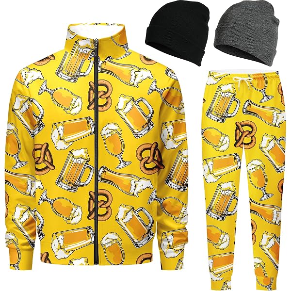 Qoosefun Retro 80s 90s Tracksuit For Men - Vintage Jogging Set With Zip Jacket, Pants & 2 Knit Beanie Hats