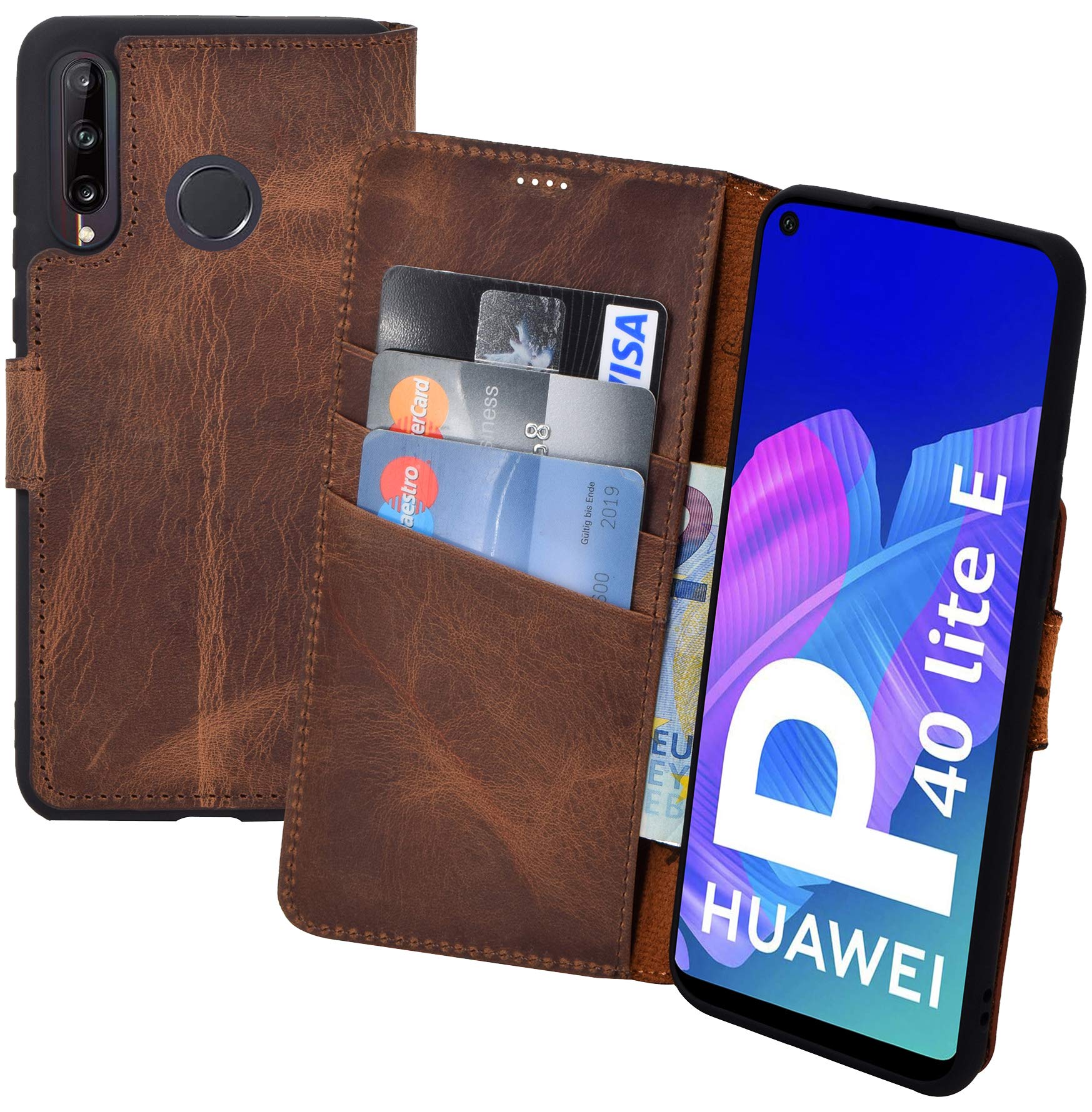 Suncase Book-Style Case Compatible with Huawei P40 Lite E Leather Case (Slim Fit) Mobile Phone Case Protective Case with 3 Card Slots in Antique Coffee