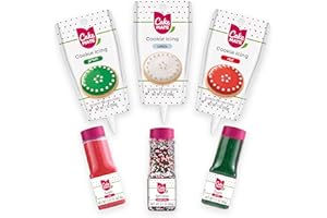 Cake Mate Christmas Cookie Decorating Kit – Red & Green Decorating Sugar (2.25 oz), White, Red & Green Cookie Icing Pouches (7 oz), Jingle Mix Non Pareil (2.1 oz) – Holiday, Cake, Cupcake & Dessert