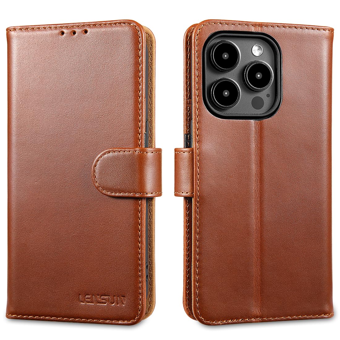 LENSUN Flip Case for iPhone 15 Pro 5G, Genuine Leather Phone Cover [RFID] Wallet with Card Holder and Magnetic Closure Compatible with Apple iPhone 15 Pro - Dark Brown