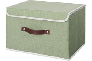 ANMINY Storage Bin with Lid Storage Boxes with PU Leather Handles PP Plastic Board Decorative Foldable Lidded Cotton Linen Fabric Home Cubes Baskets Closet Organizer Container - Green, Large Size