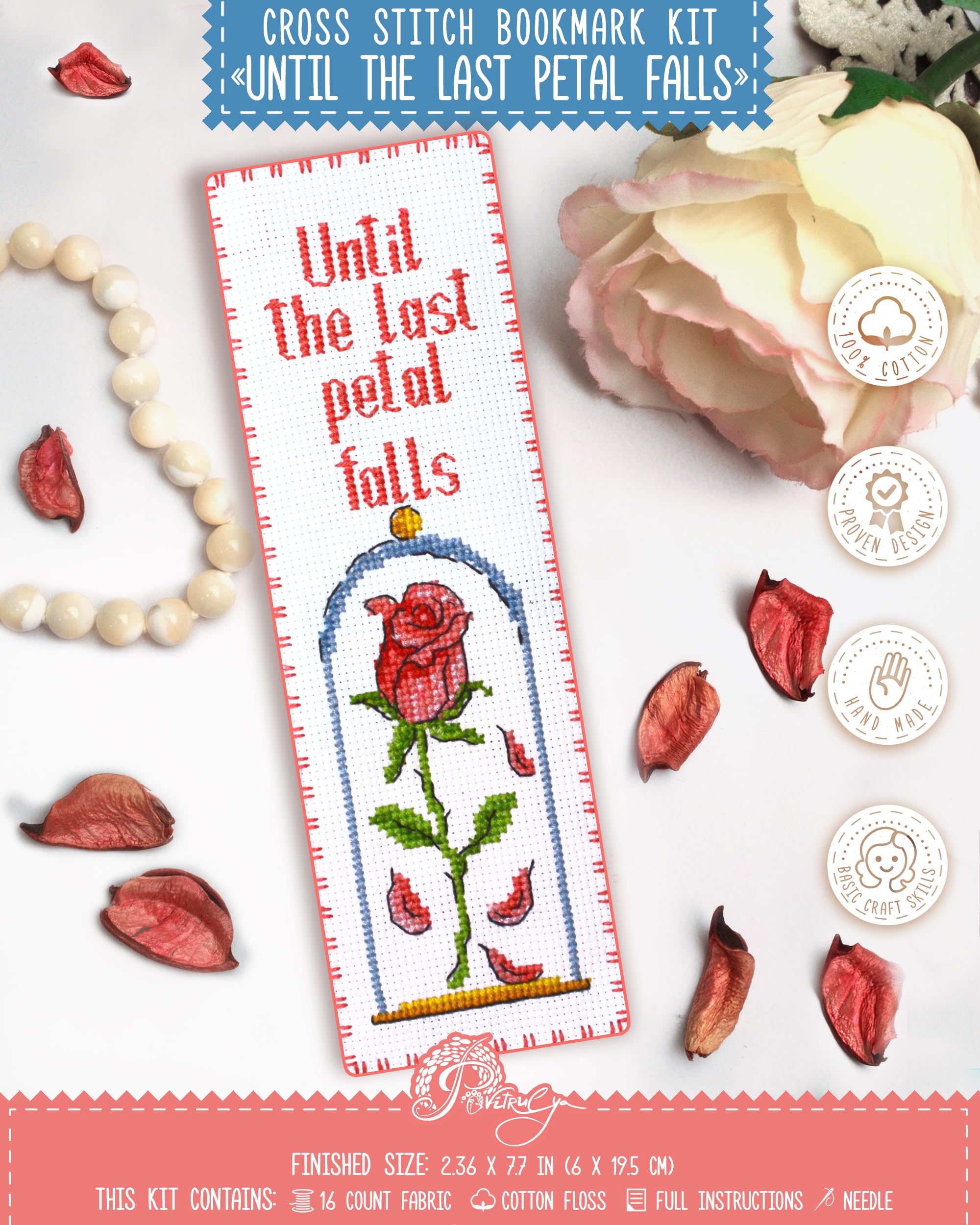 Povitrulya Until The Last Petal Falls - Counted Cross Stitch Bookmark Kit - True Love Embroidery Set for Adults with Paper Pattern, 16-Count Aida Canvas and Presorted Floss — image 1