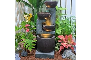 SERBILHOME 4 Tiered Bowls Water Fountain Outdoor 35.8”Floor Fountain with Led Lights Waterfall Fountain for Patio, Deck, Porch, Home Art Decor, and Backyard