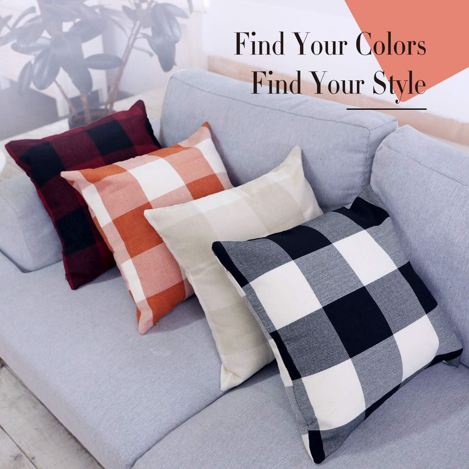 Leafbay Buffalo Check Throw Pillow Covers – Set of 2 Farmhouse Decorative Pillowcases for Home Decor, Sofa, Bedroom, Car, 100% Linen Cushion Case with Plaids on Both Sides, 18 x 18 Inch: Home & Kitchen