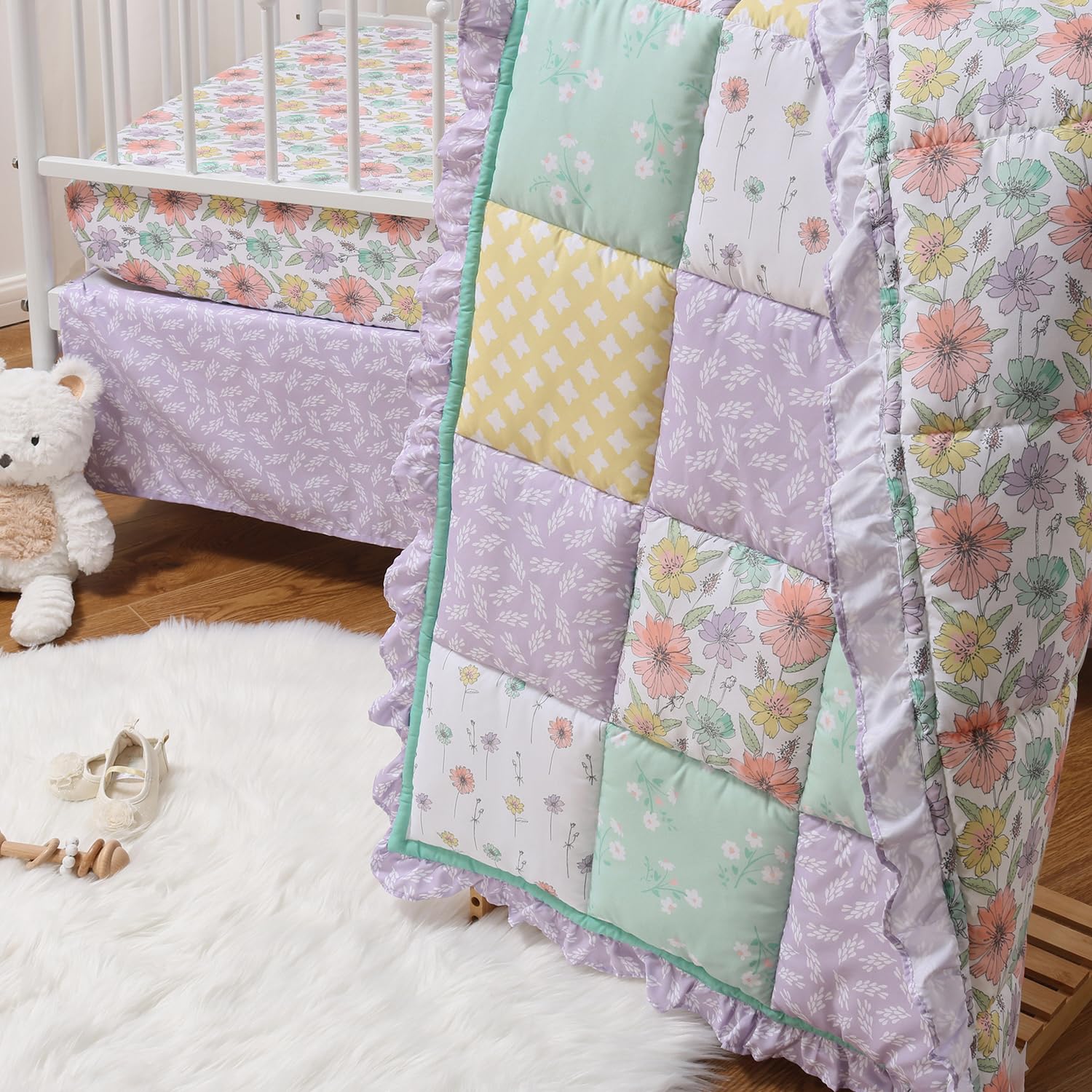 Photo 1 of The Peanutshell 3 Piece Baby Crib Bedding Set for Boys & Girls - Newborn, Infant & Toddler Nursery Bed Set Decor with Fitted Crib Sheet, Dust Ruffle, Comforter - Lavender and Vintage Floral