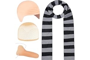 Halloween Costume Accessories, Black Gray Striped Scarf/Fake Nose/Bald Cap/Wig Cap for Men Cosplay Set