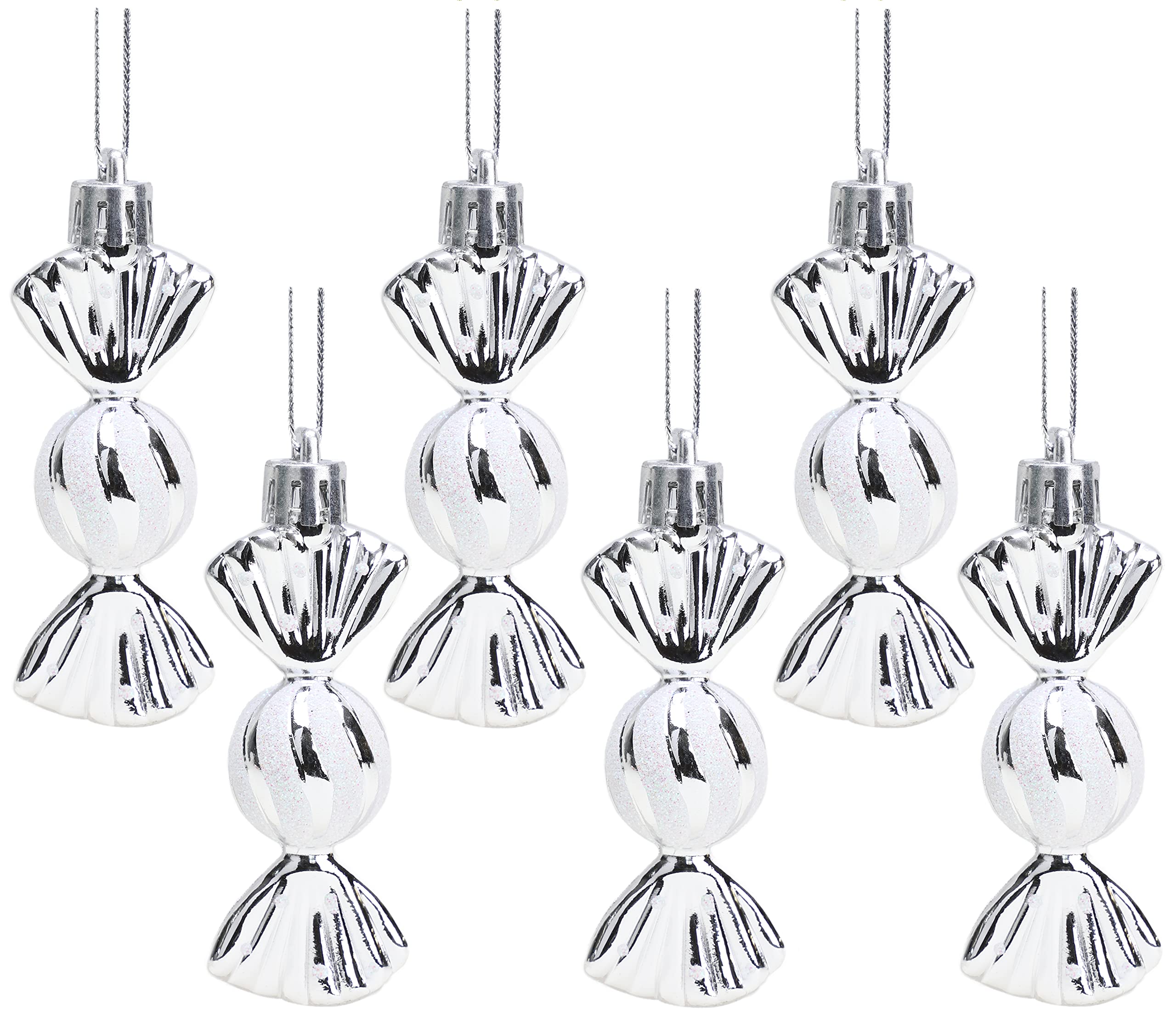 Christmas Concepts® Pack of 6-80mm (3.2") Mini Sweet Shaped Baubles – Shiny & Glitter Decorated – Christmas Tree Decorations (Silver)