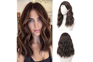 BUPPLER Brown Highlight Wig 18 Inch Medium Length Wigs for Women Middle Part Synthetic Hair Wavy Wig with Upgraded Strands,Natural Hair Wig for Daily Party/Halloween Use 18Inch,Brown Highlight