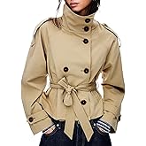 Womens Cropped Trench Coat High Collar Long Sleeve Loose Double Breasted Fashion Fall Winter Coats with Belt