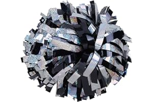 ICOBUTY ICOCHEER Cheerleading Pom Poms Metalic Holographic Cheerleader 6 inch 1 Pair 2 Pieces (Black/Silver)