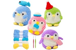 IMZAY 4 Pack Crochet Kit for Beginners, Beginner Animal Kit, Cute Starter with Video Tutorial, 2 Hooks, Colored Yarns, 5 Stitch Markers Complete Set to Make Penguins