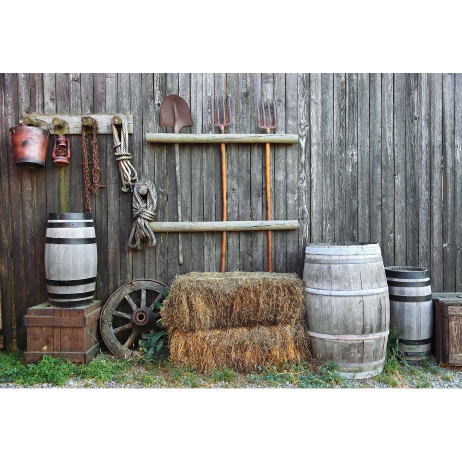 YongFoto 3x2m Vinyl Photography Backdrop Weathered Wood wall Farm Tools Wooden Cast Barrel Photo Background Backdrops for Photography Photo Shoots Party Kids Personal Portrait Photo Studio Props — image 1