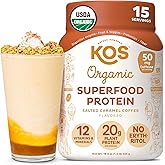 KOS Vegan Protein Powder, Salted Caramel Coffee - Low Carb Pea Protein Blend, Organic Plant Superfood Rich in Vitamins & Minerals - Keto, Dairy Free - Meal Replacement for Women & Men - 15 Servings