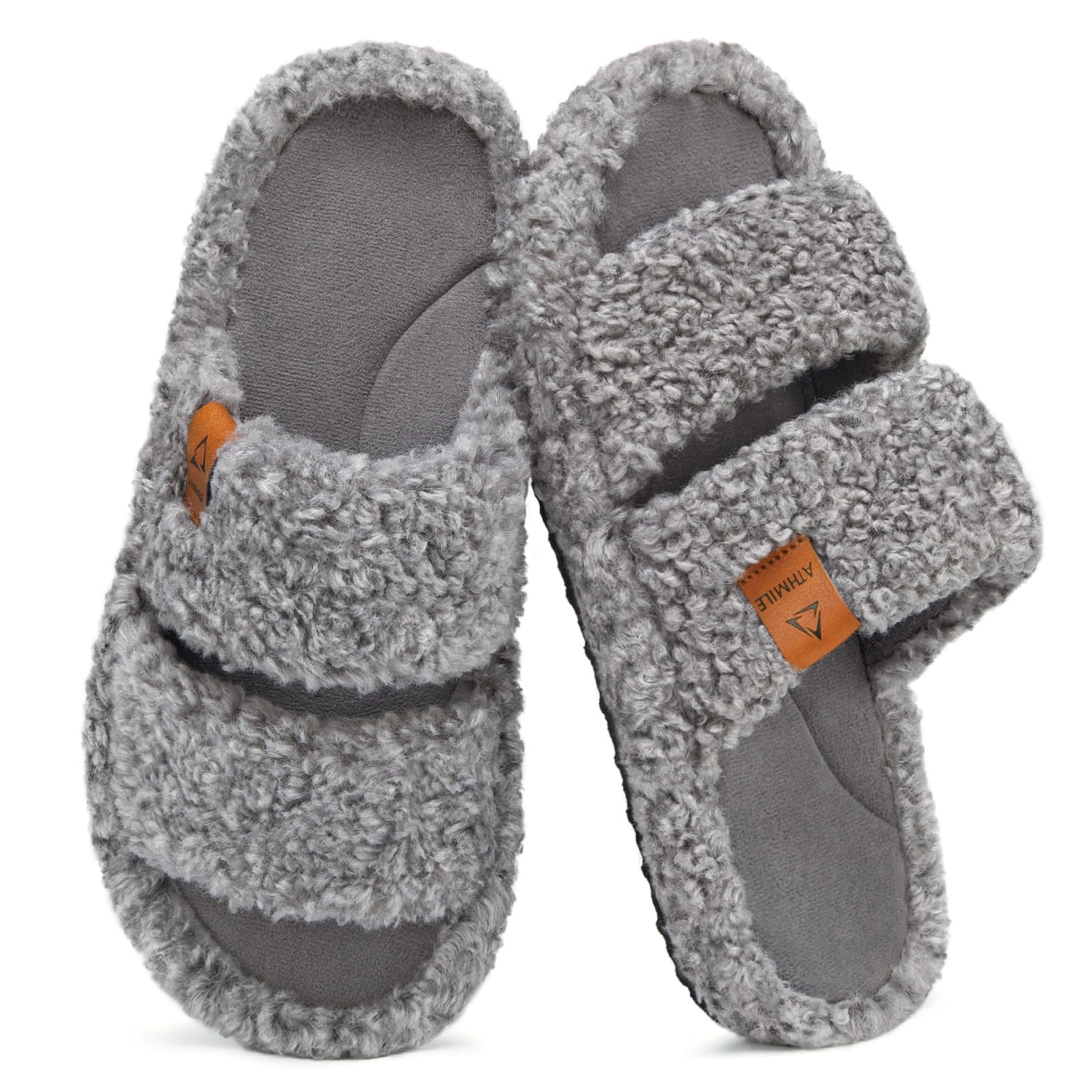 ATHMILE Womens Slippers Lightweight Arch Support Open-Toe Fuzzy House Slippers for Women Cozy Memory Foam Indoor Outdoor Double-Strap Design