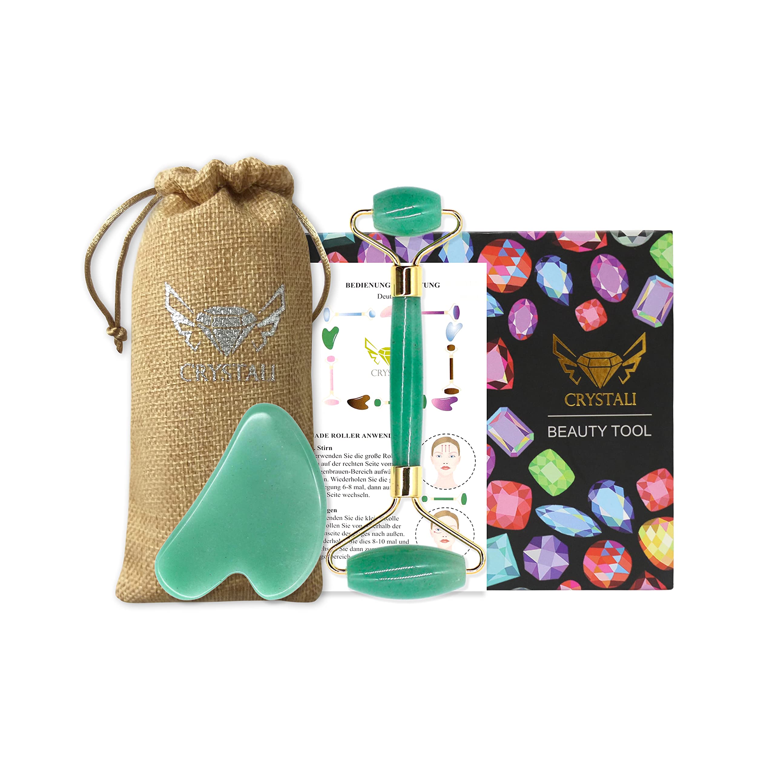 Crystali Gua Sha Set - Anti-Ageing Face Massage Roller and Scraper - Healthy, Beautiful, Young Skin - Aventurine from India