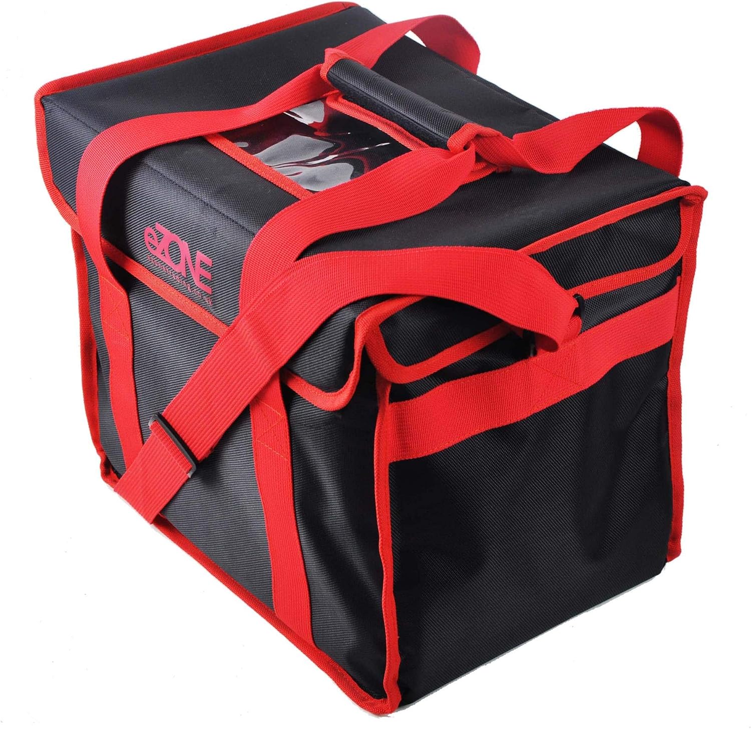 eZone Food Delivery Bag 17x15x14” Takeaway Restaurant Kebab Indian Curry Pizza Chinese, Black With Red Trim