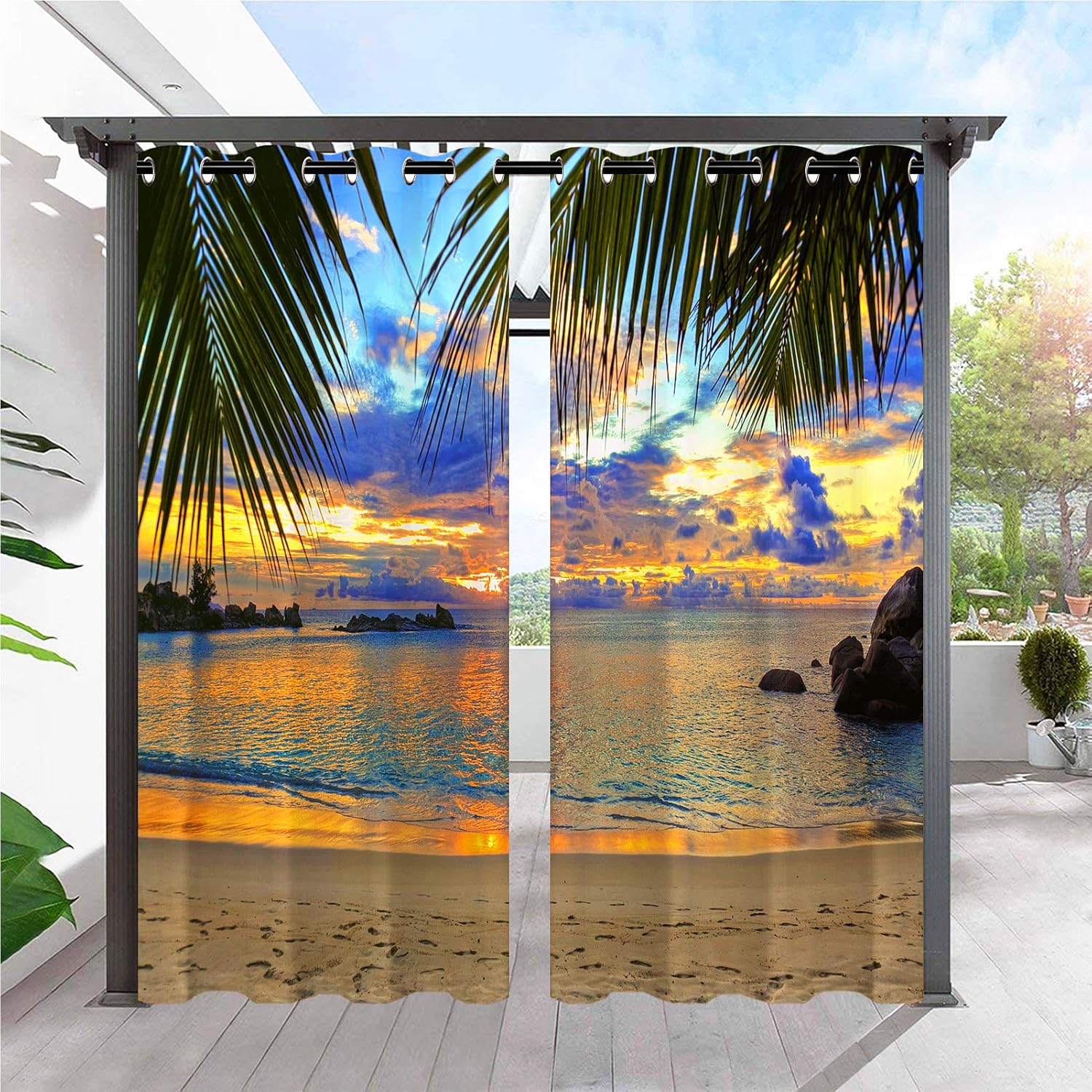 Outdoor Curtains - ANHOPE Outdoor Curtains for Patio - Grommet Waterproof Window Curtains with Tropical Sunset Beach Design Print Pattern Privacy Curtains for Pergola/Gazebo/Porch/Cabana, 2 Panels, 42 x 84 Inch
