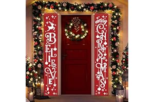 GAGEC Merry Christmas Banner- Christmas Door Banner 71"x 12" Hanging Believe Merry Christmas Door Porch Sign Indoor Outside Yard Garden Party Decor