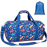 Bagseri Boys Duffle Bag for Travel - Kids Gym & Sports Bag with Shoe Compartment & Water Resistant Wet Pocket, Weekender for Camping & Sleepover (Blue Dinosaur)