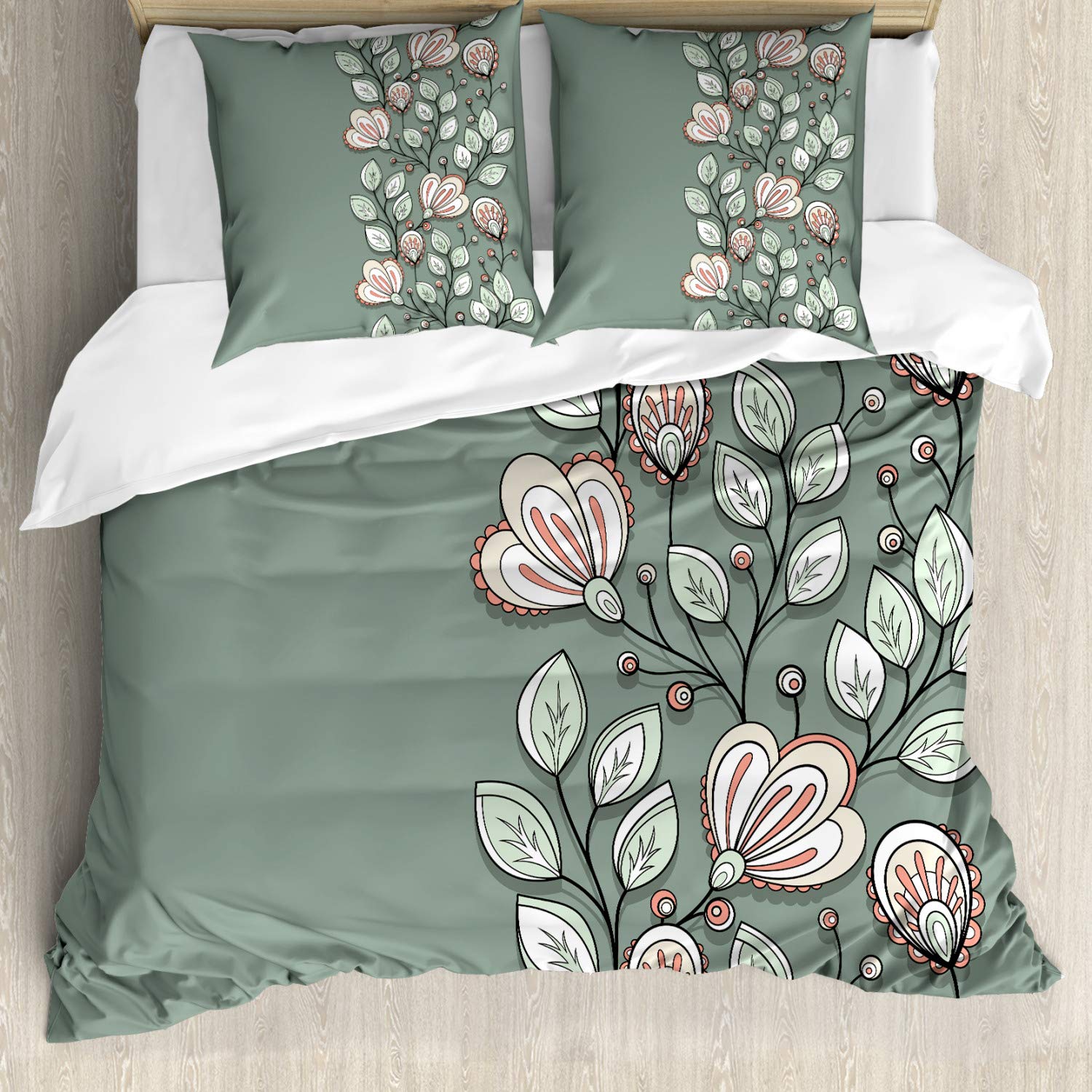 ABAKUHAUS Bohem Duvet Cover Set, Floral Theme Romantic Spring Flowers and Leaves Graphic Nature Pattern, Bedding Set 3 Pieces with 2 Pillow Shams, 200 cm x 200 cm, Almond Green Reseda Green