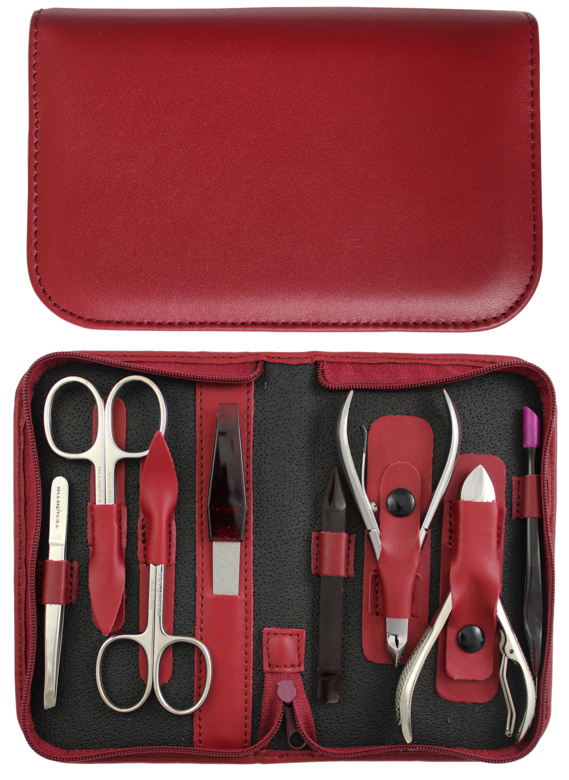 8-Piece Genuine Leather Professional Manicure and Pedicure Set with Zipper - Tenartis Made in Italy (Burgundy)