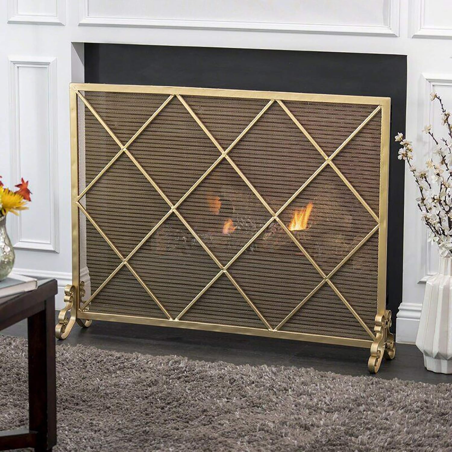 Wrought Iron Gold Finish Fireplace Screen Flat, Large