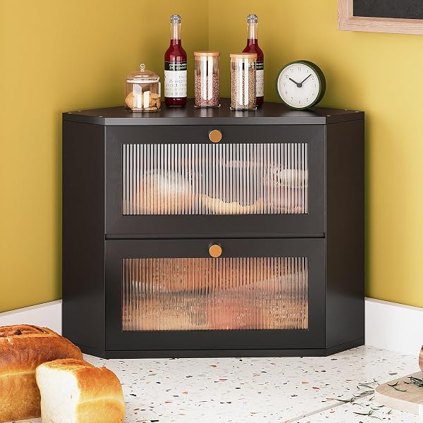 TRIRONSUN CORNER BAMBOO BREAD BOX FOR KITCHEN COUNTER DOUBLE LAYER BREAD STORAGE CONTAINER LARGE CAPACITY BREAD STORAGE BIN WITH WAVY ARCYLIC TRANSPARENT DOOR (BLACK)