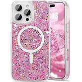 UEEBAI Glitter Case Magnetic for iPhone 15 Pro Max Case, Luxury Shiny Bling Sparkly Phone Cover Compatible with MagSafe, Wireless Charge Crystal Diamonds Shiny Cover for Women - Hot Pink