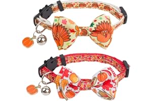 ADOGGYGO Thanksgiving Cat Collars with Bow Bell, Breakaway Fall Kitten Collar with Bowtie Pumpkin Turkey Collar for Girl Boy Cats Kittens