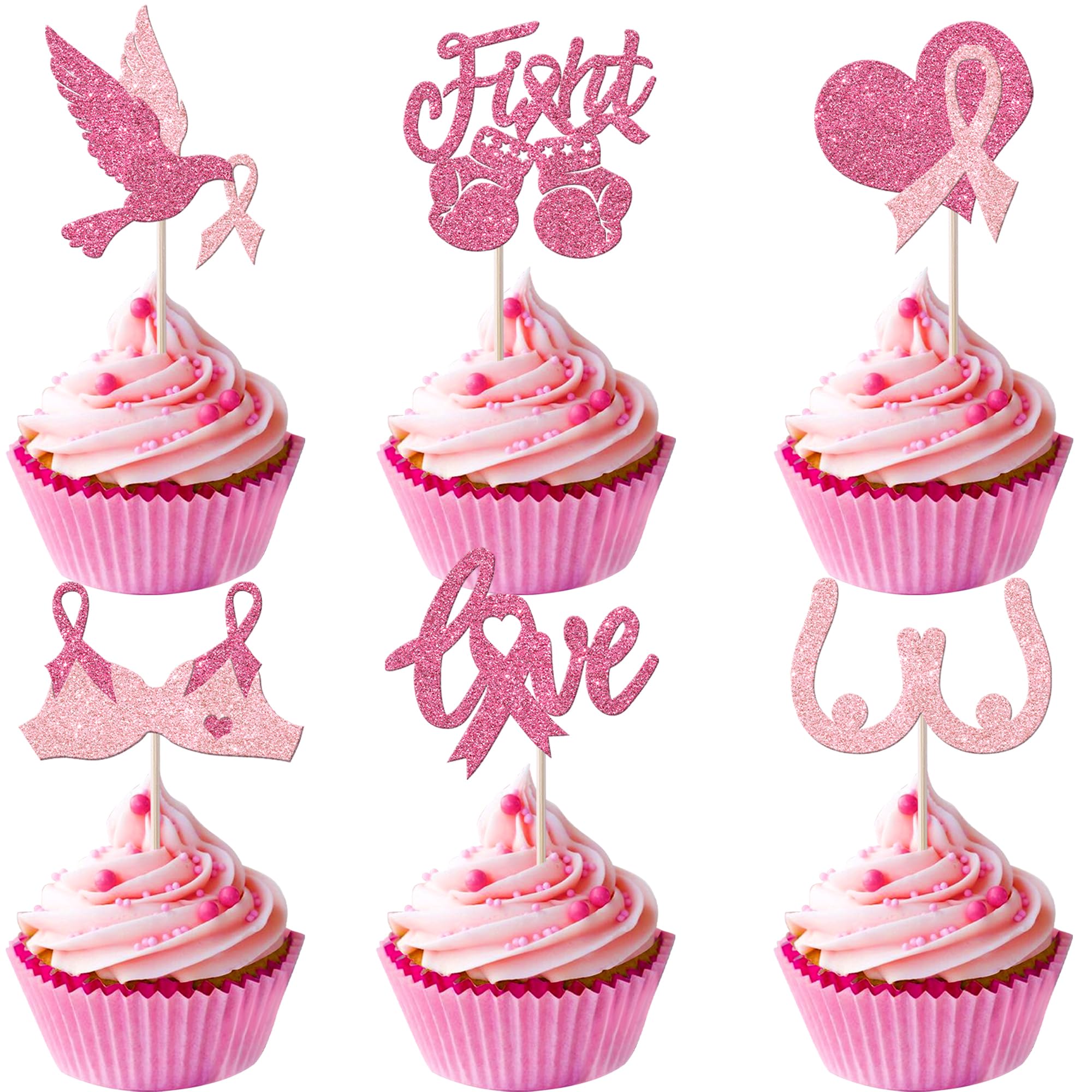 Xsstarmi 24 Pack Breast Cancer Awareness Cupcake Toppers Glitter Pink Ribbon Fight Beliveve Cupcake Toothpicks Decorations for Breast Theme Love Women Health Pink Ribbon Party Cake Decorations