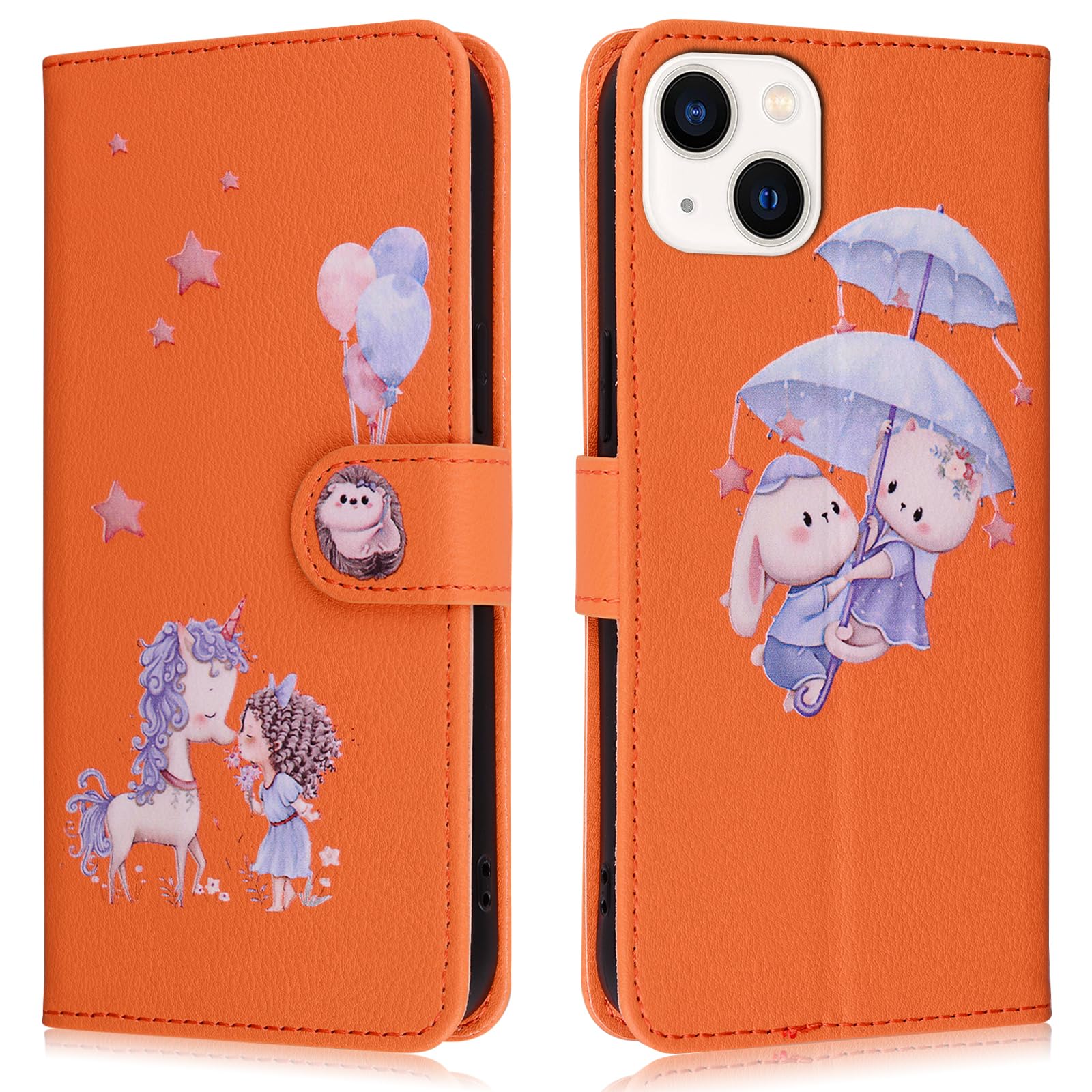 Butnyeoe for iPhone 15 Phone Case,iPhone 15 Wallet Case,PU Leather Magnetic Book Flip Protective Cover with Card Holder,Cute Unicorn Orange