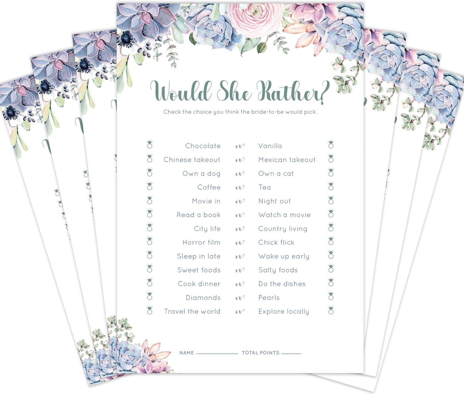 Amazon Com 30 Pack Bridal Shower Games Would She Rather Bridal Shower Game Cards Succulent Design Matches Any Floral Bridal Shower Kitchen Dining