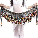 Wuchieal Women's Belly Dance Hip Scarf, Sweet Belly Dance Skirt Wrap Performance Bling Sequins Coins, Belly Dance Costume